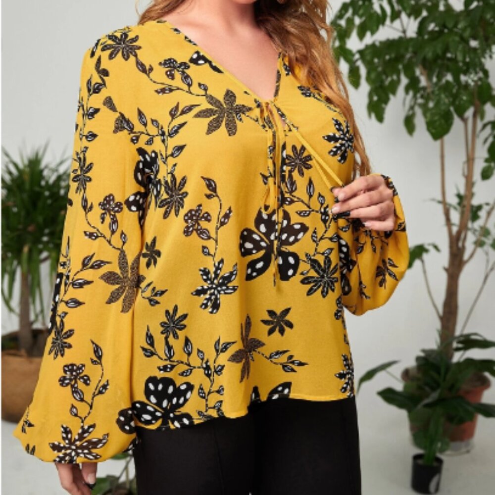 EUC Yellow Black SHEIN 3X Plus Floral Boho Knot Front Lantern Sleeve Blouse